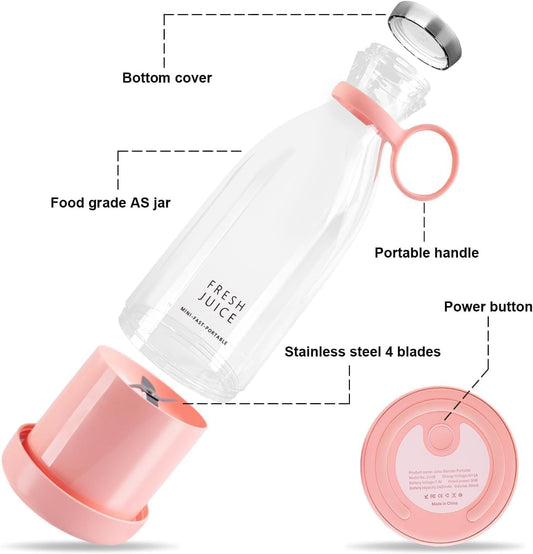 Portable Bottle Juicer, Portable juicer, Portable Mini Blender with 350ml Glass Jar, Pink, Mini juicer, Bottle juicer,Juice Maker, Fruit Juicer Machine Electric