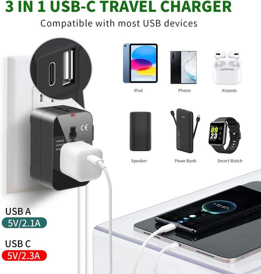 rts Type C (USB C) Universal Travel Adapter with Type C, 3 in 1 Universal Adapter Plug, Travel Essentials Accessories with 1 USB, 1 USB-C with 2.4A, Travel Adaptor for Phone, Laptop, Mobile, Tablet