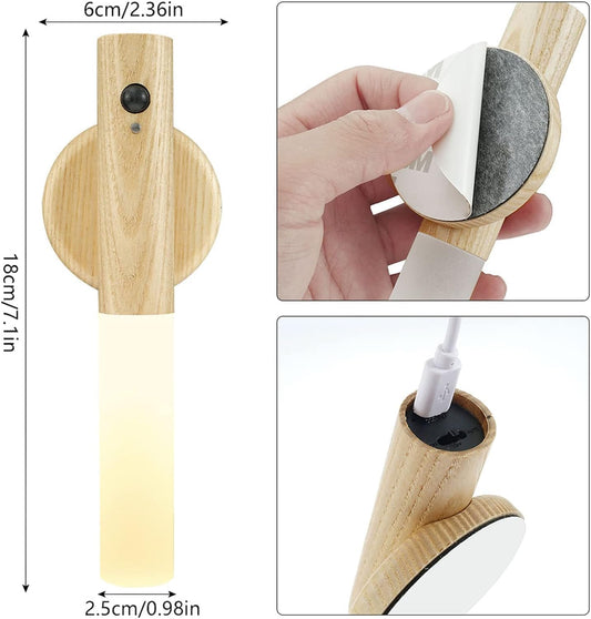 SANGOZ Rechargeable Battery Night Light Motion Sensor Set of 1 LED Wall Lights with 3-Modes Switch Wireless Portable USB Wall Sconces Mini Wood Stick Magnetic Lamp for Bedroom Bathroom Aisle Stairs