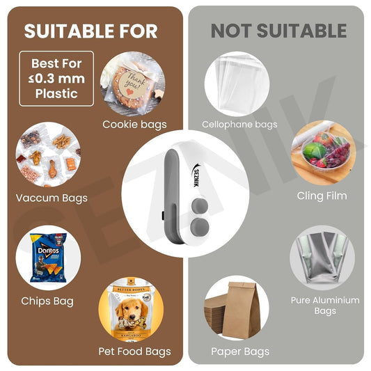 Seznik Portable Mini Sealing Machine, Handheld Sealer for Food Packets, Snacks, Chips, Fresh Storage, Plastic Bags Sealing Machine, 1 YEAR Warranty (White)