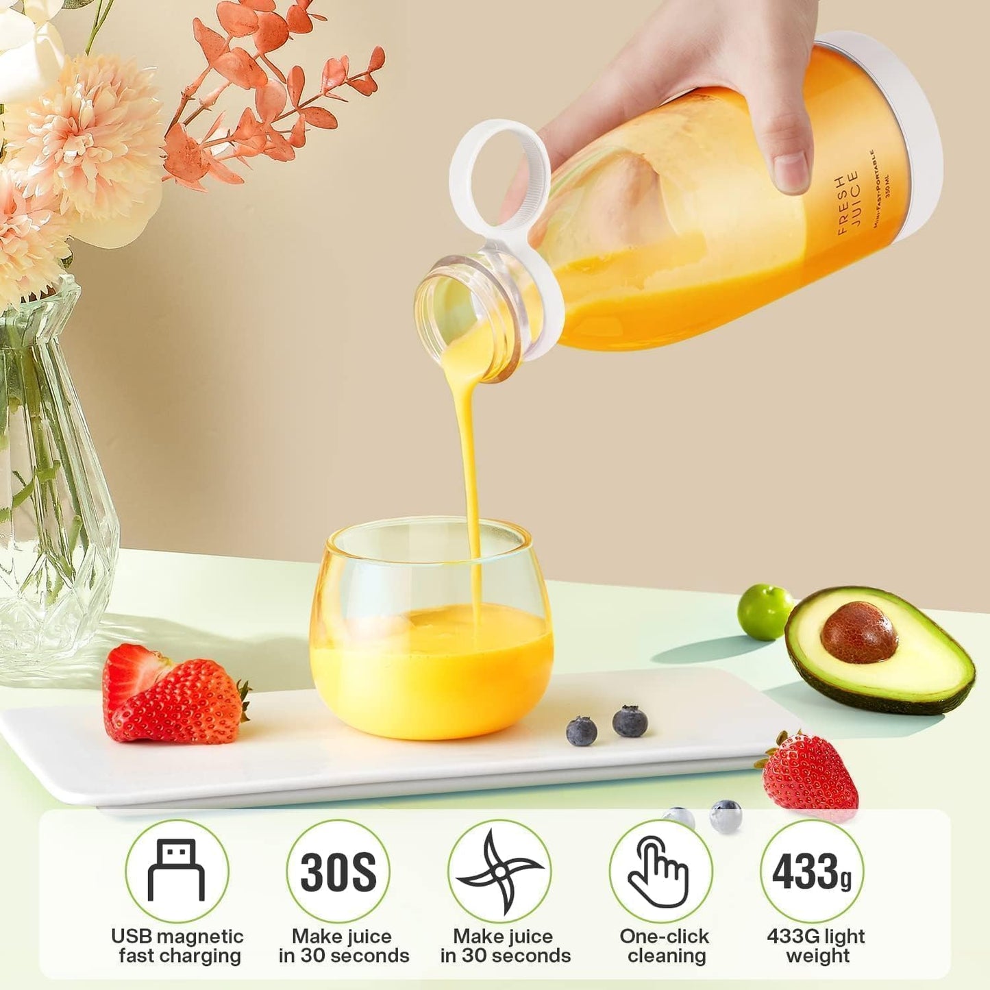 Portable Bottle Juicer, Portable juicer, Portable Mini Blender with 350ml Glass Jar, Pink, Mini juicer, Bottle juicer,Juice Maker, Fruit Juicer Machine Electric