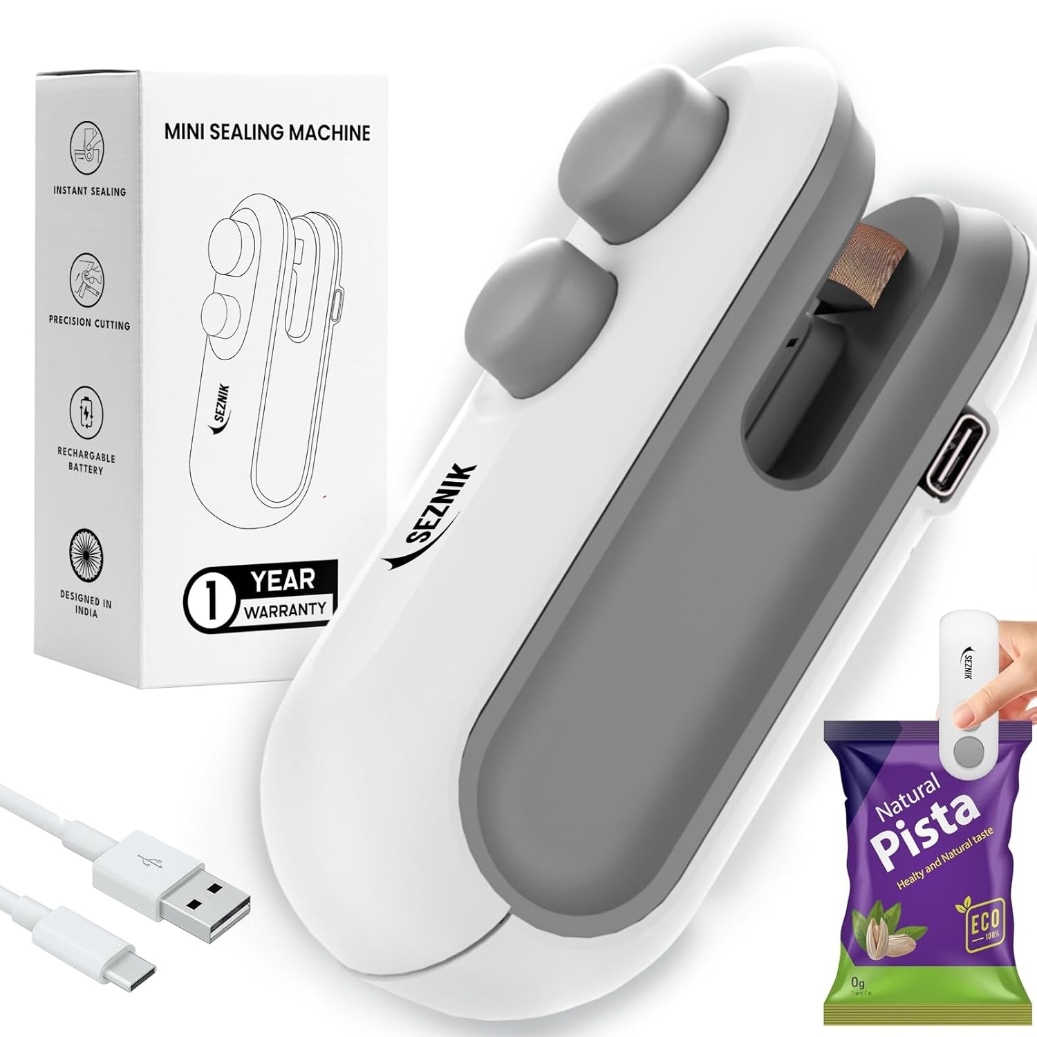 Seznik Portable Mini Sealing Machine, Handheld Sealer for Food Packets, Snacks, Chips, Fresh Storage, Plastic Bags Sealing Machine, 1 YEAR Warranty (White)