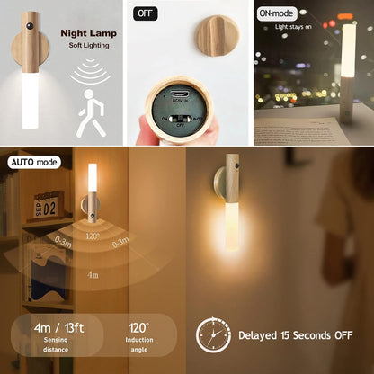 SANGOZ Rechargeable Battery Night Light Motion Sensor Set of 1 LED Wall Lights with 3-Modes Switch Wireless Portable USB Wall Sconces Mini Wood Stick Magnetic Lamp for Bedroom Bathroom Aisle Stairs
