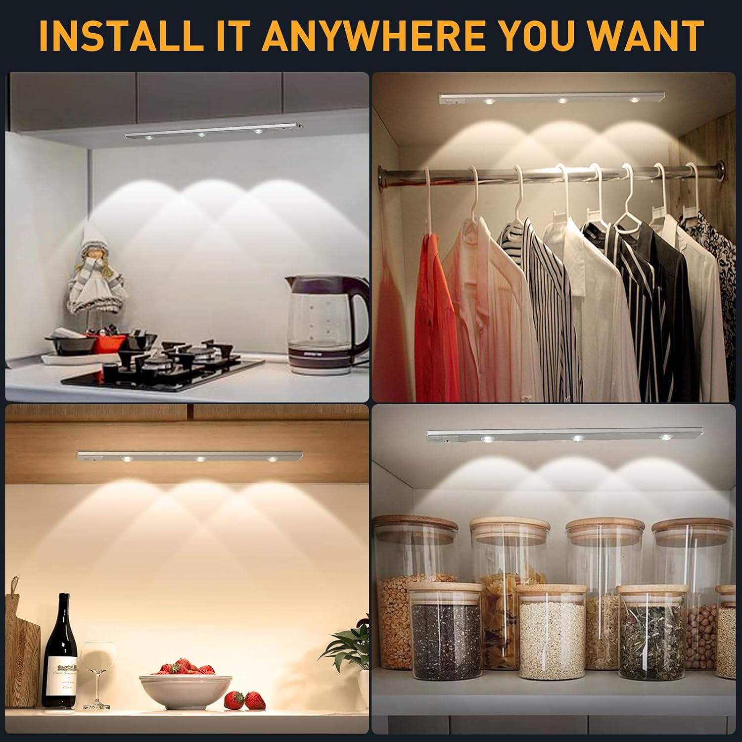 One94Store Plastic 40cm Motion Sensor Under Cabinet LED, 1200mAh Battery, Dimmable USB Rechargeable Closet Lamp, Wireless Stick-On for Wardrobe, Kitchen, Stairs (Pack of 1) Yellow