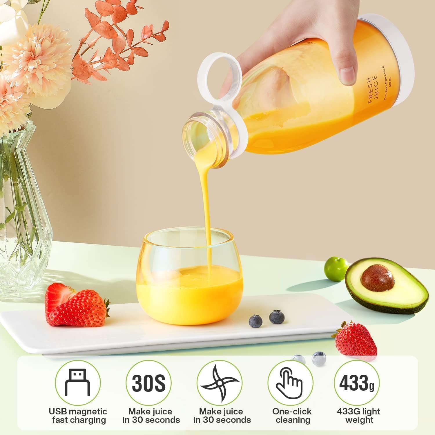 Portable Bottle Juicer, Portable juicer, Portable Mini Blender with 350ml Glass Jar, Pink, Mini juicer, Bottle juicer,Juice Maker, Fruit Juicer Machine Electric