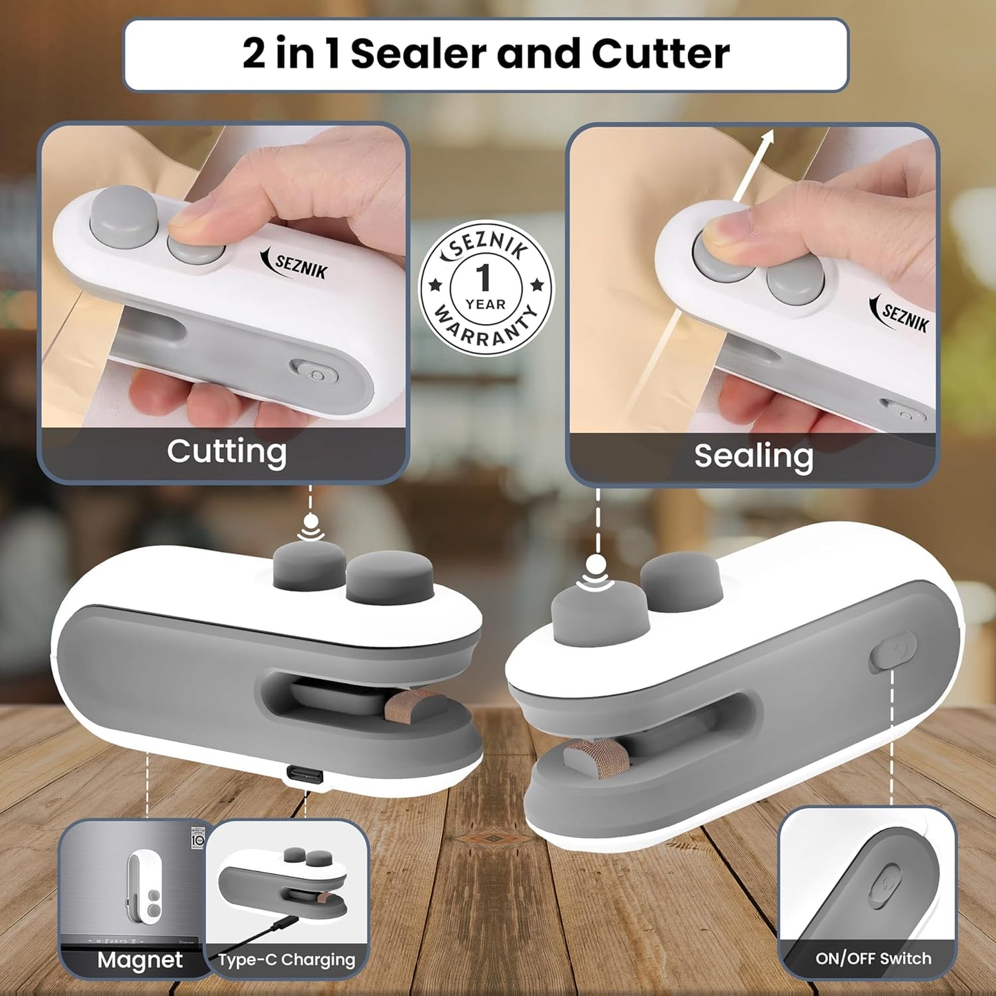 Seznik Portable Mini Sealing Machine, Handheld Sealer for Food Packets, Snacks, Chips, Fresh Storage, Plastic Bags Sealing Machine, 1 YEAR Warranty (White)